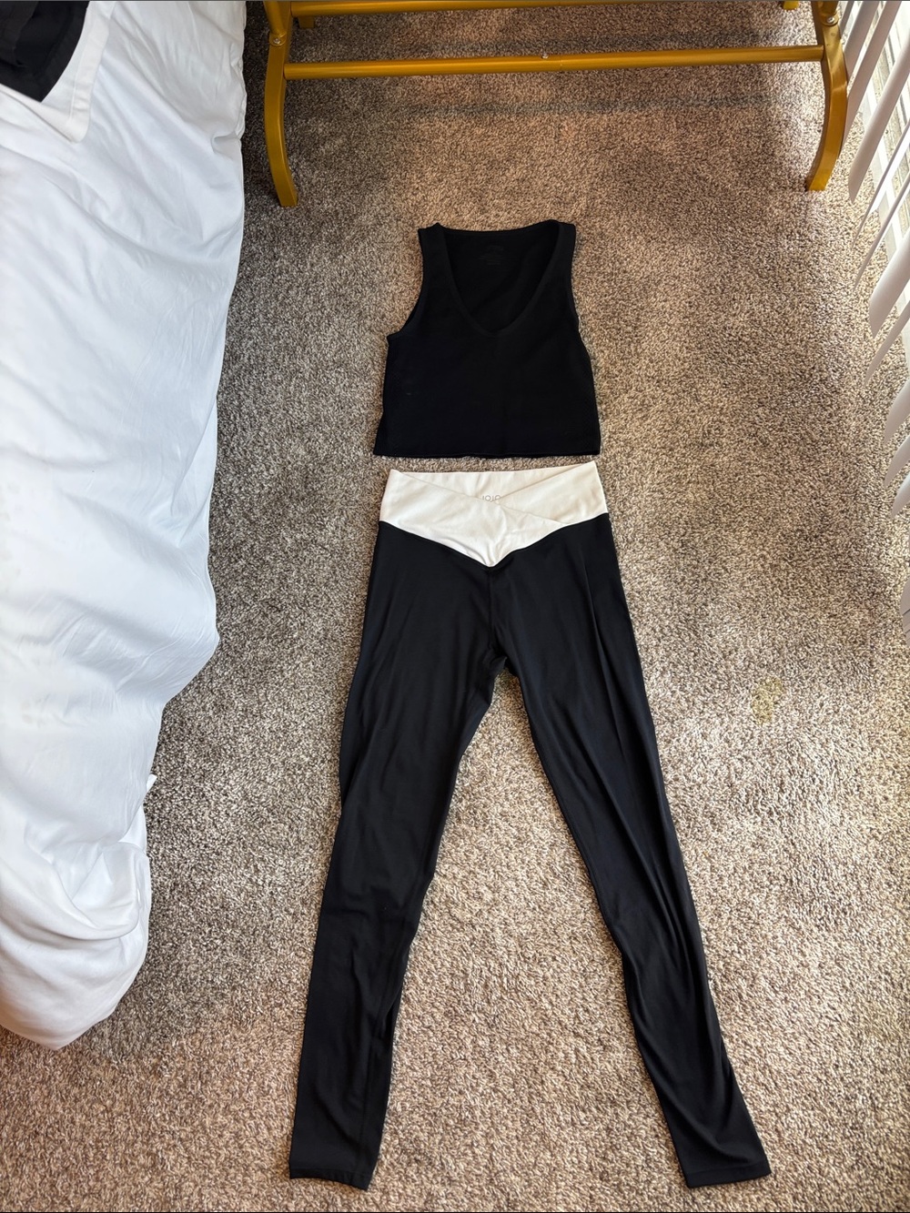 High-Waist Black Leggings with Cream V-Front Waistband and matching top